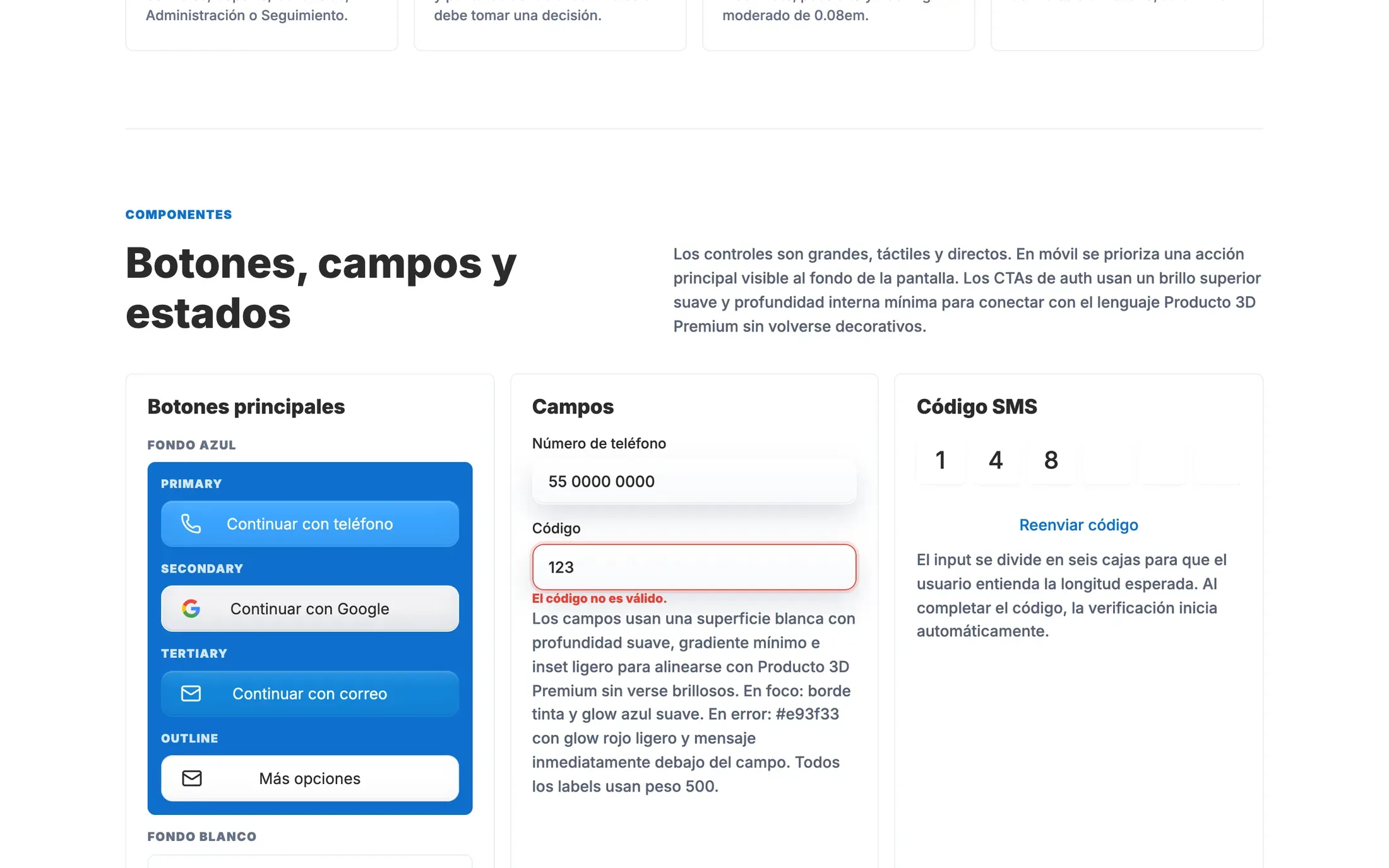Botones primarios y secundarios, campos de teléfono y código de verificación, con estados de error