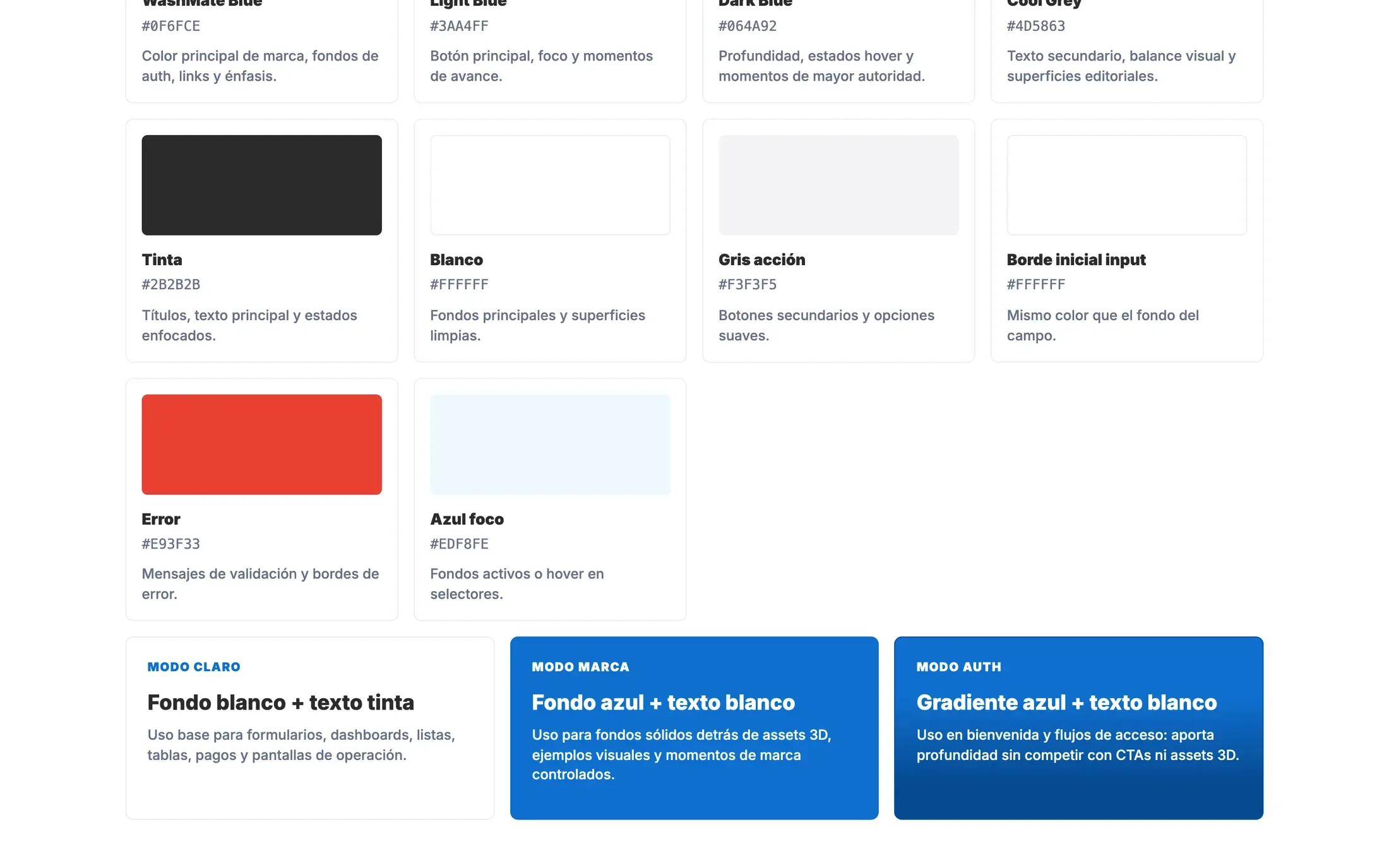 La paleta del sistema de diseño: azules, tinta, blanco, grises neutros y rojo de error