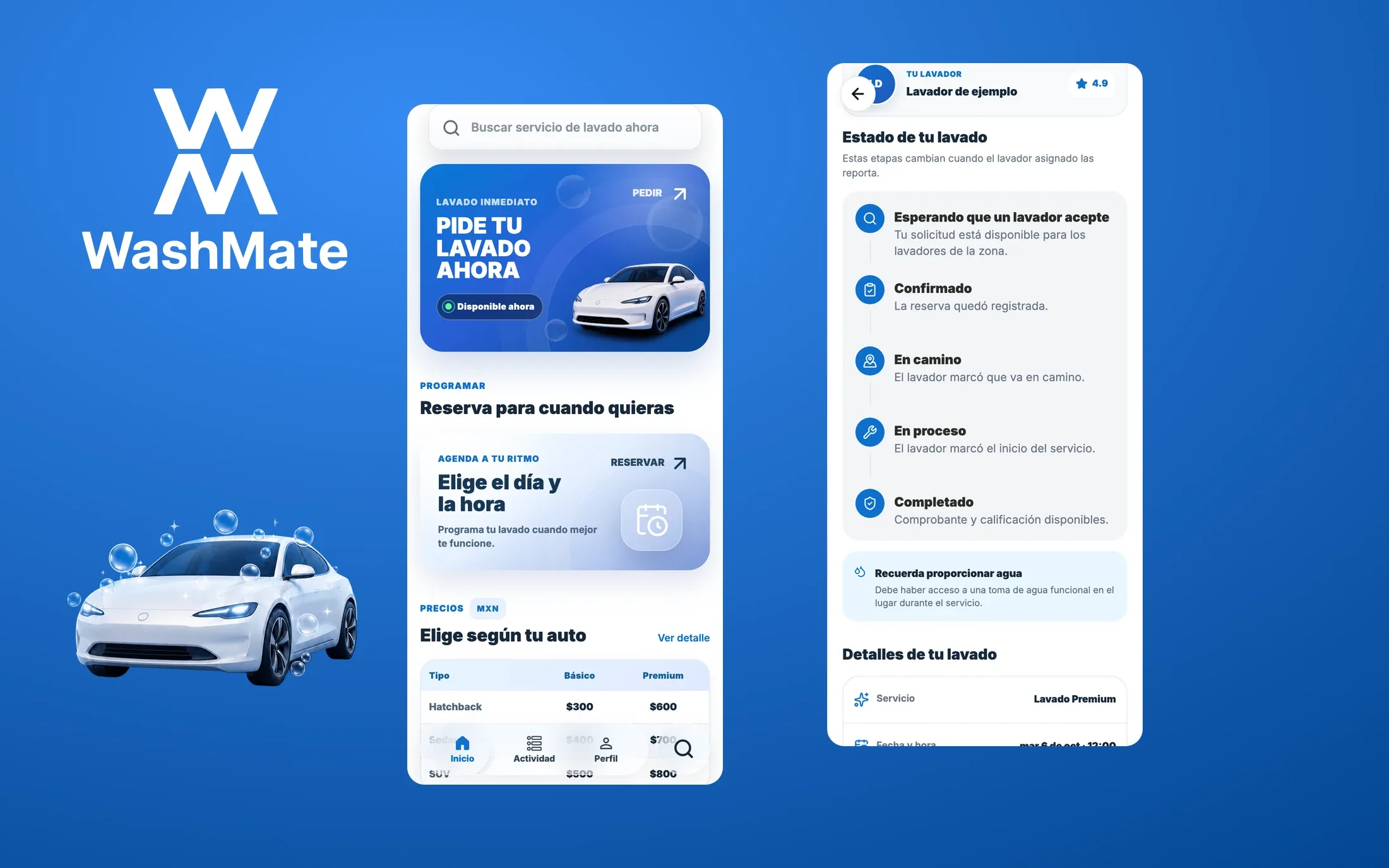 Una composición de la demo real de WashMate: el inicio para reservar y la línea de tiempo del servicio completado, junto a la ilustración original del auto blanco sobre azul