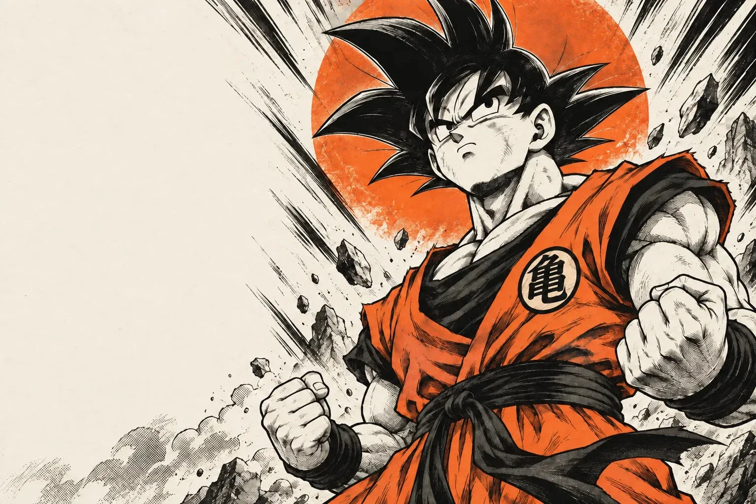 Ilustración de la campaña de Dragon Ball de Ludoman: Goku en líneas negras de manga sobre papel crema y pinceladas naranjas