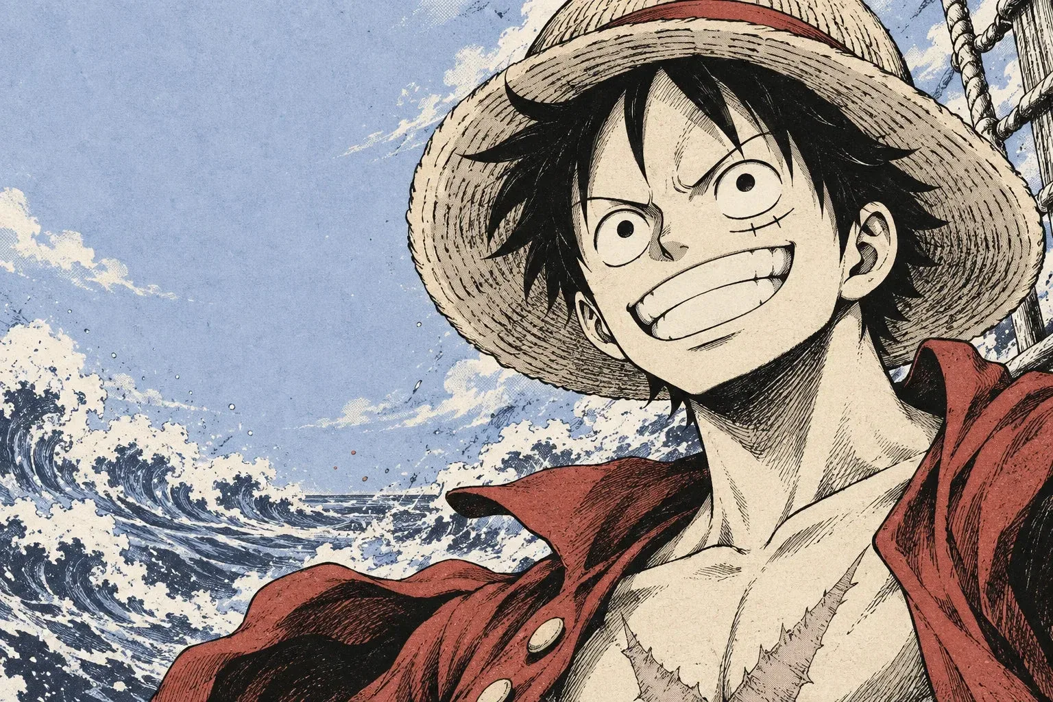 Ilustración de la campaña de One Piece de Ludoman con Luffy sonriendo entre olas azules y papel claro de manga