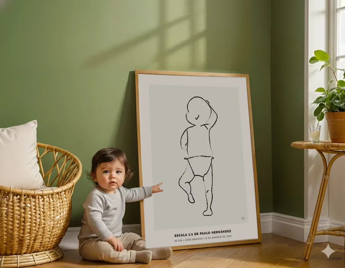 Un bebé sentado junto a un póster de nacimiento enmarcado con dibujo de líneas, una canasta tejida y una pared verde, en una fotografía de Nacío
