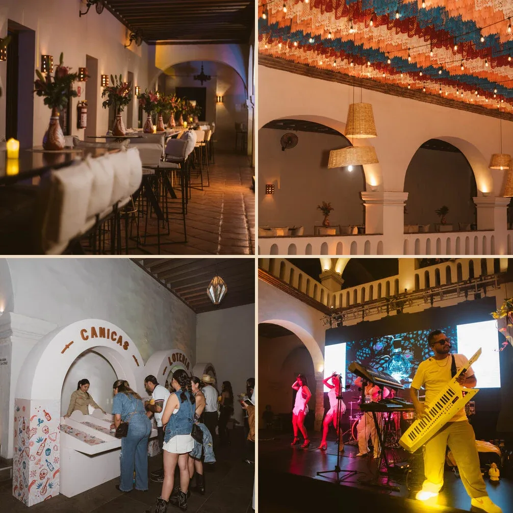 Cuatro fotografías originales de la cuarta edición: el lugar iluminado con velas, papel picado, un puesto de feria y música en vivo