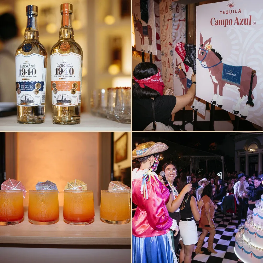 Cuatro fotografías originales de la tercera Kermesse: botellas Campo Azul, un juego de feria, cocteles y la pista de baile