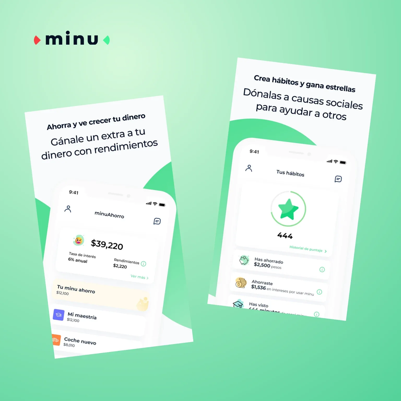 Una composición de las campañas originales de ahorro y hábitos de minu en App Store, con su logotipo oficial sobre verde