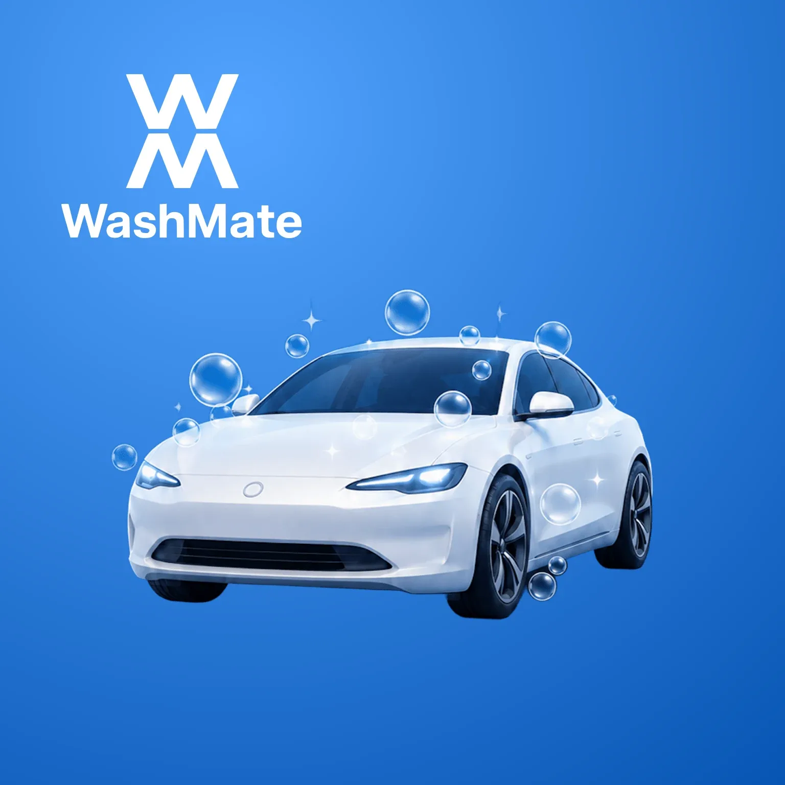 La ilustración original de WashMate del auto blanco con burbujas y su logotipo blanco sobre un degradado azul