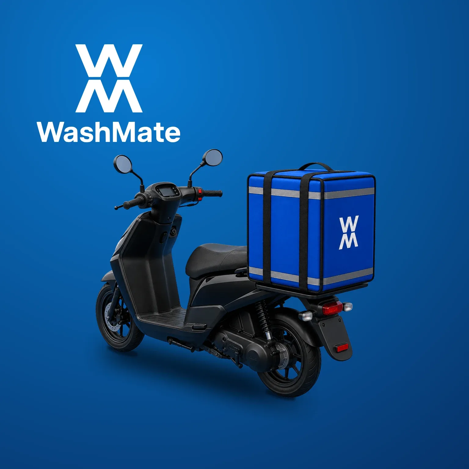 La ilustración original del scooter de WashMate con mochila azul de reparto y logotipo blanco sobre un degradado azul profundo