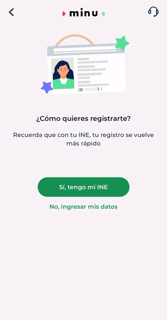 La pantalla original de registro ofrece la opción de usar la identificación INE