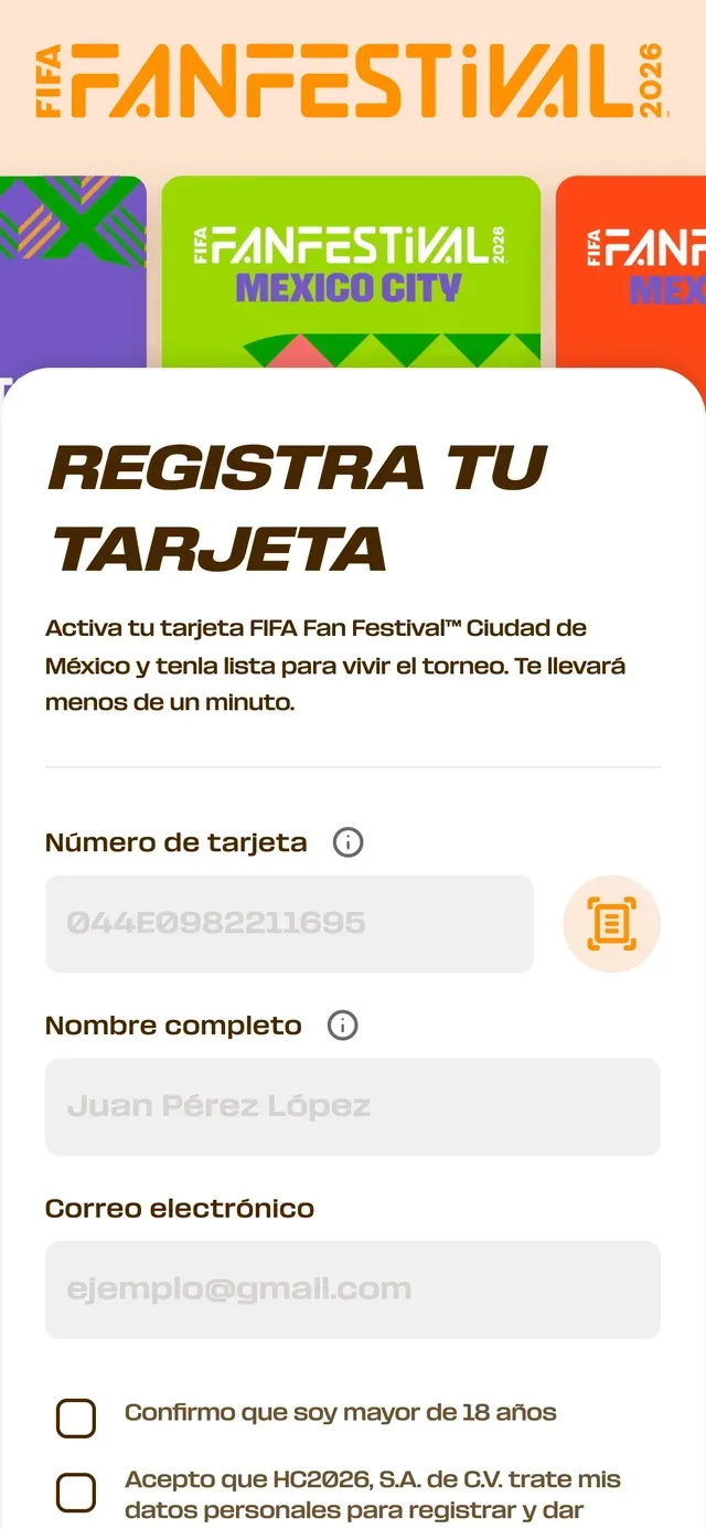 La página de registro en un teléfono, con las tarjetas en fila