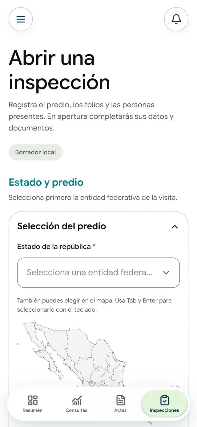 Elegir un estado para abrir una inspección de demostración en un teléfono