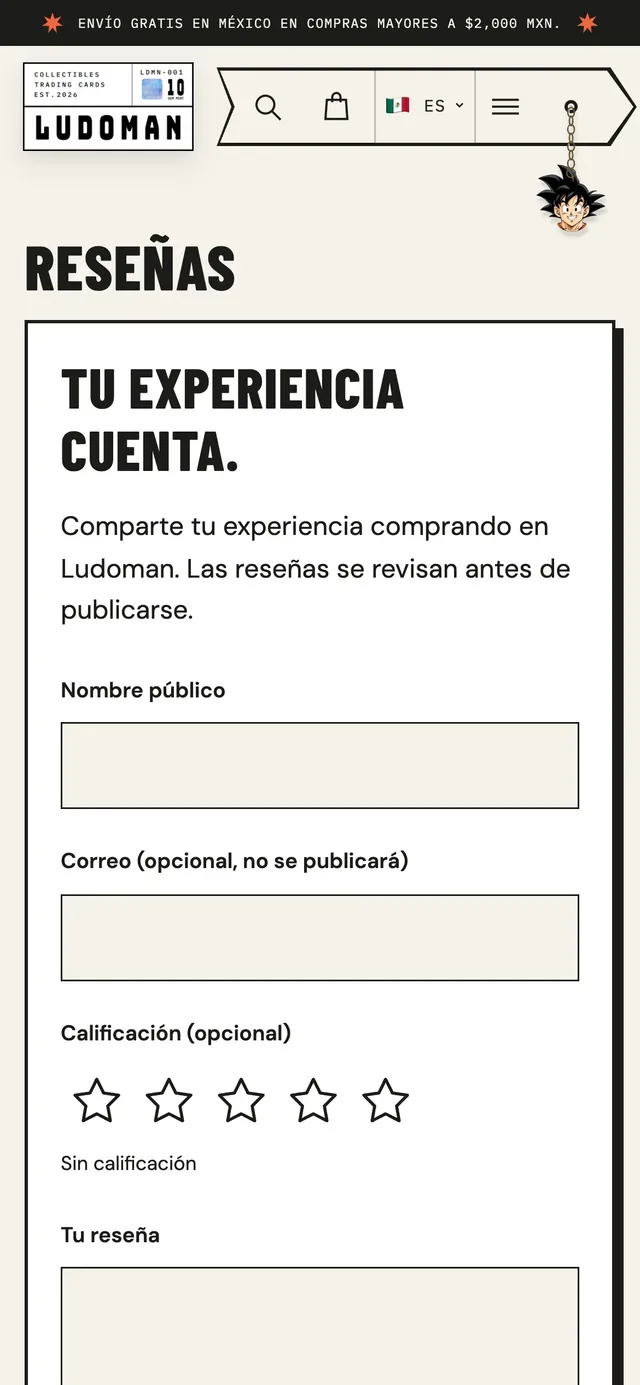 El formulario de reseñas en un teléfono