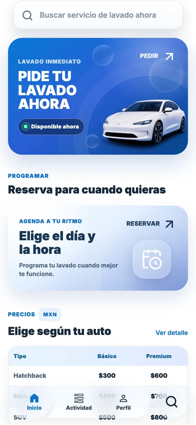 El inicio del cliente de demostración ofrece lavado inmediato, reserva por horario y precios por tipo de auto