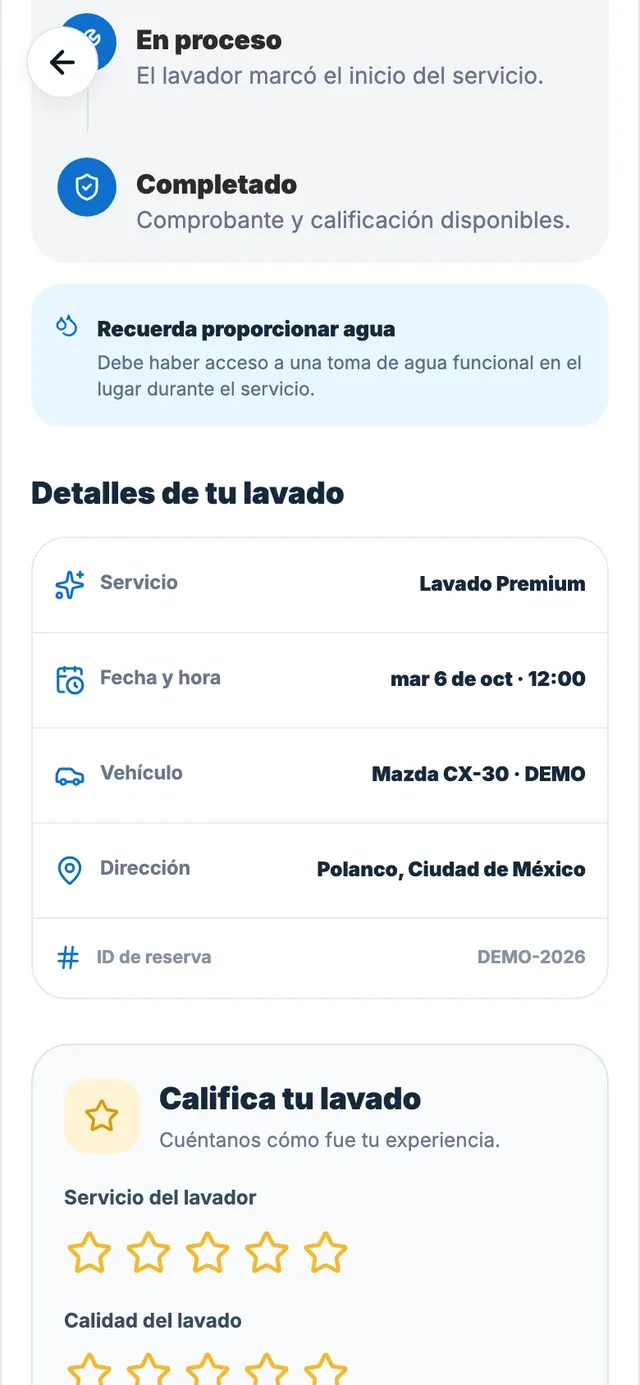 Los detalles de la reserva de ejemplo y las estrellas para calificar al lavador y al lavado