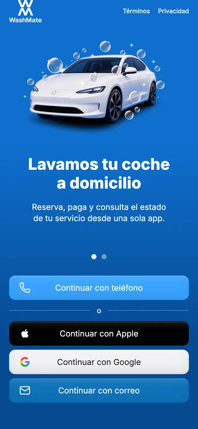 La bienvenida móvil con la ilustración del auto blanco y las formas de continuar