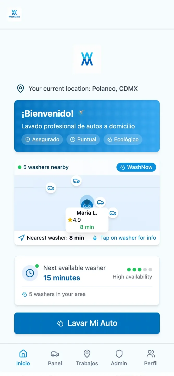 Panel original de la app de Washmate para clientes
